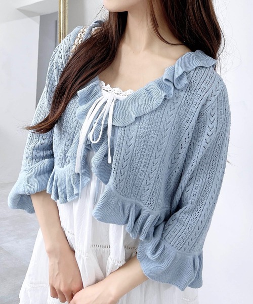 INGNI（イング）の「フロントリボンパターンメッシュフリルニットカーディガン（カーディガン/ボレロ・レディース・オフホワイト/ブラック/サックスブルー/ピンク・M）」の16枚目の写真