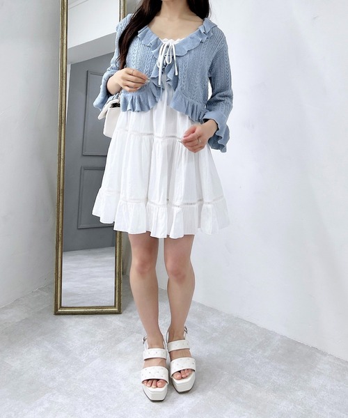 INGNI（イング）の「フロントリボンパターンメッシュフリルニットカーディガン（カーディガン/ボレロ・レディース・オフホワイト/ブラック/サックスブルー/ピンク・M）」の20枚目の写真