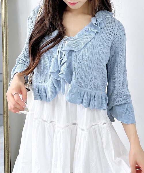 INGNI（イング）の「フロントリボンパターンメッシュフリルニットカーディガン（カーディガン/ボレロ・レディース・オフホワイト/ブラック/サックスブルー/ピンク・M）」の17枚目の写真