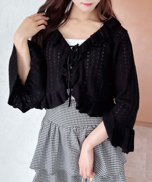 INGNI（イング）の「フロントリボンパターンメッシュフリルニットカーディガン（カーディガン/ボレロ・レディース・オフホワイト/ブラック/サックスブルー/ピンク・M）」の13枚目の写真