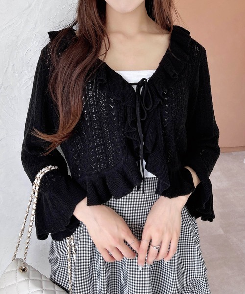 INGNI（イング）の「フロントリボンパターンメッシュフリルニットカーディガン（カーディガン/ボレロ・レディース・オフホワイト/ブラック/サックスブルー/ピンク・M）」の14枚目の写真