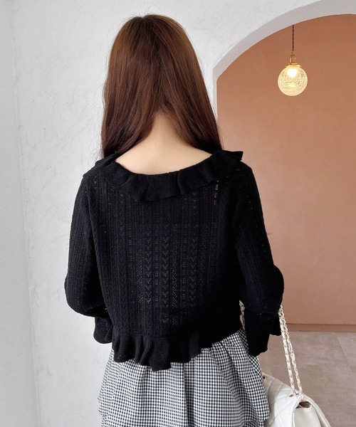 INGNI（イング）の「フロントリボンパターンメッシュフリルニットカーディガン（カーディガン/ボレロ・レディース・オフホワイト/ブラック/サックスブルー/ピンク・M）」の15枚目の写真