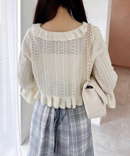 INGNI（イング）の「フロントリボンパターンメッシュフリルニットカーディガン（カーディガン/ボレロ・レディース・オフホワイト/ブラック/サックスブルー/ピンク・M）」の9枚目の写真