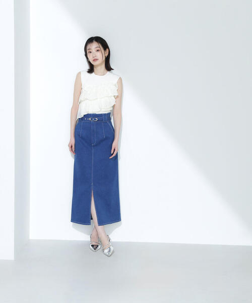 NATURAL BEAUTY BASIC（ナチュラルビューティーベーシック）の「◇ベルテッドデニムスカート（デニムスカート・レディース・ネイビー/ブルー・P/S/MEDIUM）」の2枚目の写真