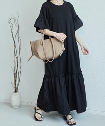【美品】 ピースナウ ワンピース 黒 ストライプ リボン 裾、袖フリル 編み上げ cawaii ワンピース （黒）上品なネックリボンの裾レースロング