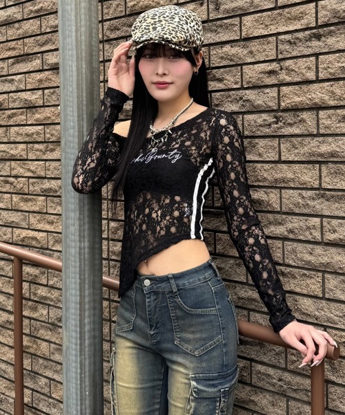 ZIPPER CLUB（ZIPPER CLUB ジッパークラブ）の「lace asymmetry tops（Tシャツ/カットソー・レディース・ブラック/ホワイト・SMALL/LARGE/MEDIUM）」の5枚目の写真