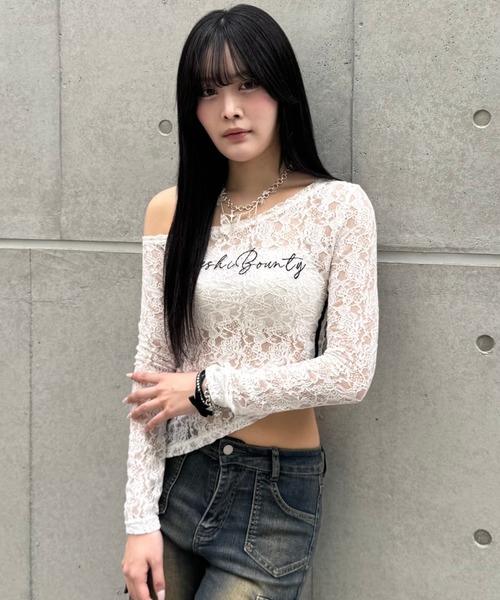 ZIPPER CLUB（ZIPPER CLUB ジッパークラブ）の「lace asymmetry tops（Tシャツ/カットソー・レディース・ブラック/ホワイト・SMALL/LARGE/MEDIUM）」の6枚目の写真