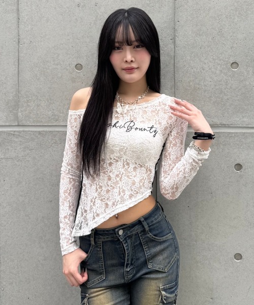 ZIPPER CLUB（ZIPPER CLUB ジッパークラブ）の「lace asymmetry tops（Tシャツ/カットソー・レディース・ブラック/ホワイト・SMALL/LARGE/MEDIUM）」の7枚目の写真