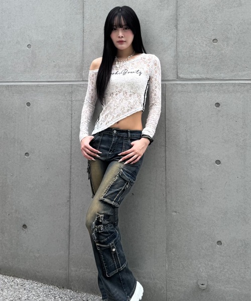 ZIPPER CLUB（ZIPPER CLUB ジッパークラブ）の「lace asymmetry tops（Tシャツ/カットソー・レディース・ブラック/ホワイト・SMALL/LARGE/MEDIUM）」の9枚目の写真
