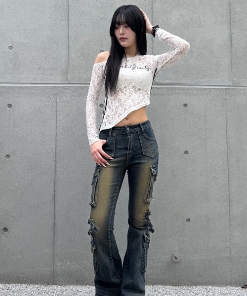 ZIPPER CLUB（ZIPPER CLUB ジッパークラブ）の「lace asymmetry tops（Tシャツ/カットソー・レディース・ブラック/ホワイト・SMALL/LARGE/MEDIUM）」の10枚目の写真