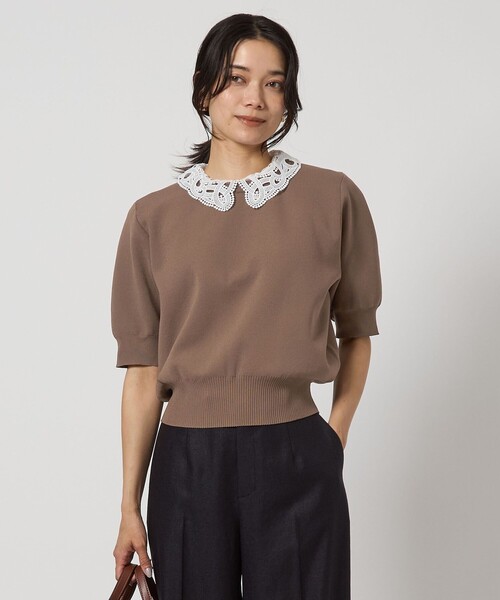 green label relaxing（グリーンレーベルリラクシング）の「襟レース 2WAY 5分袖 プルオーバー ニット  -ウォッシャブル-（ニット/セーター・レディース・ライトグレー/ネイビー/ベージュ・FREE）」の2枚目の写真