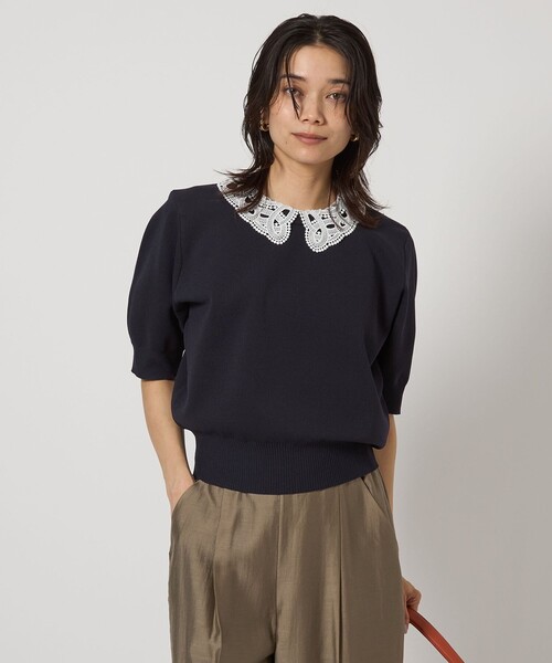 green label relaxing（グリーンレーベルリラクシング）の「襟レース 2WAY 5分袖 プルオーバー ニット  -ウォッシャブル-（ニット/セーター・レディース・ライトグレー/ネイビー/ベージュ・FREE）」の3枚目の写真