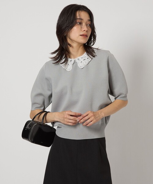 セール】襟レース 2WAY 5分袖 プルオーバー ニット -ウォッシャブル