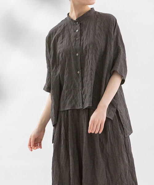 【美品】nop de nod リネンチェックブラウス 半袖 ブラック nop de nod（ノップドゥノッド）の「コットンリネンパネル