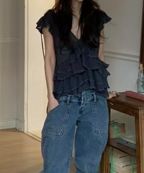 FAVORITO（ファヴォリート）の「Vネックフリルリボン付きトップス（その他トップス・レディース・ネイビー/ホワイト・F）」の12枚目の写真