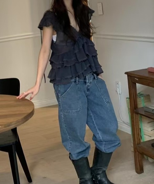 FAVORITO（ファヴォリート）の「Vネックフリルリボン付きトップス（その他トップス・レディース・ネイビー/ホワイト・F）」の6枚目の写真