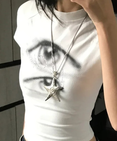 Y2K ダブルアイ プリント ショート Tシャツ（Tシャツ/カットソー