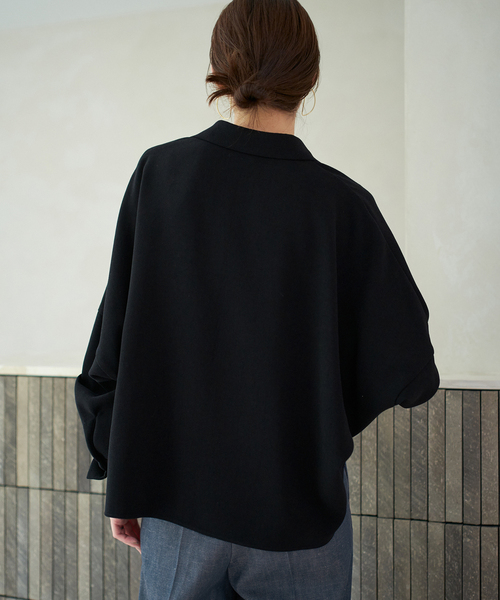 【オーバーサイズ】Plage プラージュ　長袖シャツ　ブラウス　ブラック　黒 セール】Silk open collar ブラウス（シャツ/ブラウス）｜Plage