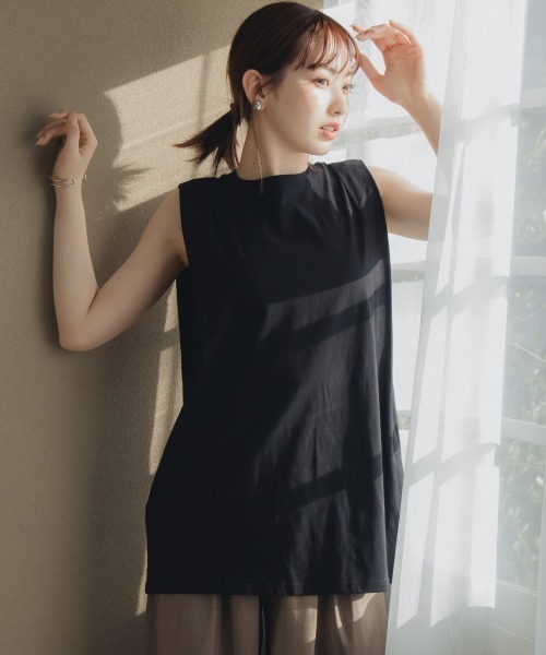 slattgir(スラットジール)の「高身長 綿100%汗染みしにくいタックノースリーブTシャツ(トールサイズ)Essenave(Tシャツ/カットソー・レディース・ブラック/ブルー/グレー・TM/TL/TLL/T3L/T4L/T5L)」の1枚目の写真
