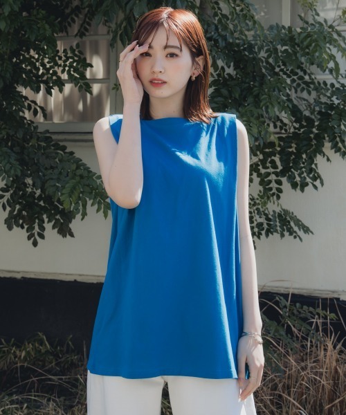 slattgir(スラットジール)の「高身長 綿100%汗染みしにくいタックノースリーブTシャツ(トールサイズ)Essenave(Tシャツ/カットソー・レディース・ブラック/ブルー/グレー・TM/TL/TLL/T3L/T4L/T5L)」の14枚目の写真