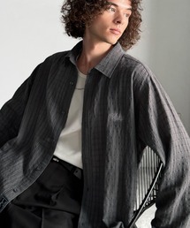 「大人シンプル。」綿100%胸元刺繍入りドビー織シャツ(長袖)/Dobby Weave Embroidered Shirt