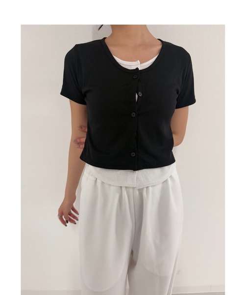 Geeong(ジーオン)の「バイカラー レイヤード カーディガン カットソー 半袖トップス(Tシャツ/カットソー・レディース・ブラック/ベージュ/ネイビー/ライトブルー・FREE)」の1枚目の写真