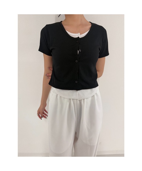 Geeong(ジーオン)の「バイカラー レイヤード カーディガン カットソー 半袖トップス(Tシャツ/カットソー・レディース・ブラック/ベージュ/ネイビー/ライトブルー・FREE)」の17枚目の写真