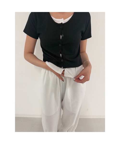 Geeong(ジーオン)の「バイカラー レイヤード カーディガン カットソー 半袖トップス(Tシャツ/カットソー・レディース・ブラック/ベージュ/ネイビー/ライトブルー・FREE)」の20枚目の写真