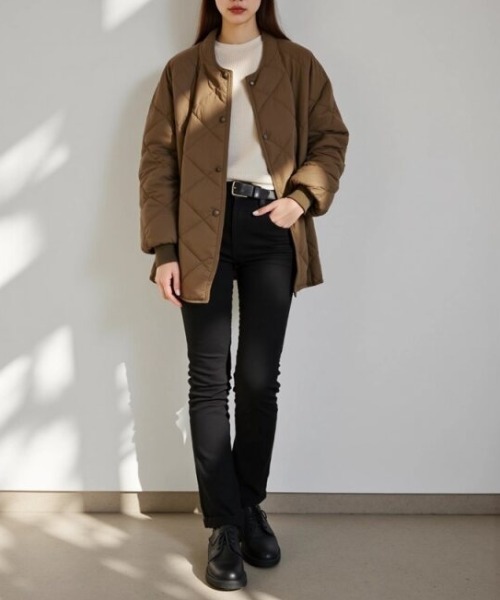 cammie（キャミー）の「キルティングブルゾン（ノーカラーコート・レディース・ブラウン/ブラック/オフホワイト・M/L）」の14枚目の写真