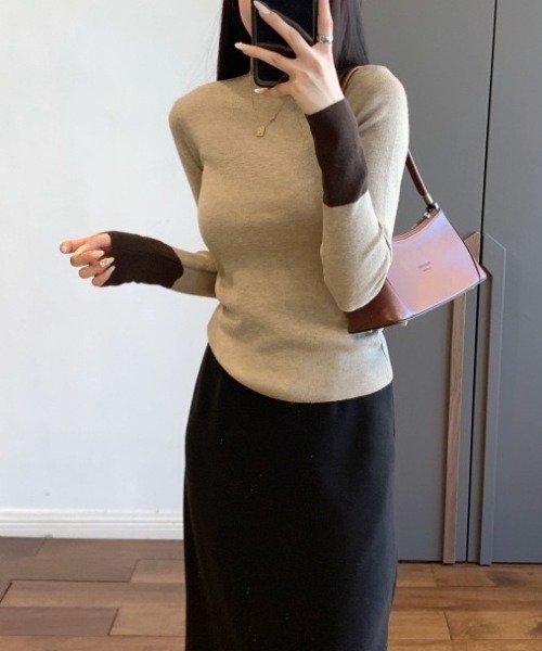gossip!ロサンゼルス(ゴシップロサンゼルス)の「【万能インナー】スリーブバイカラー配色 ハイネック スリムシンプルレイヤードニット(ニット/セーター・レディース・ブラック/ベージュ・M)」の5枚目の写真