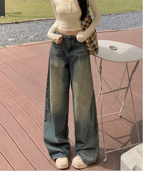 WEGO（ウィゴー）の「WEGO/ヴィンテージ風ワイドストレートデニムパンツ/ウォッシュデニム（デニムパンツ・レディース・ブルー系その他/ブラック・MEDIUM/LARGE）」の9枚目の写真