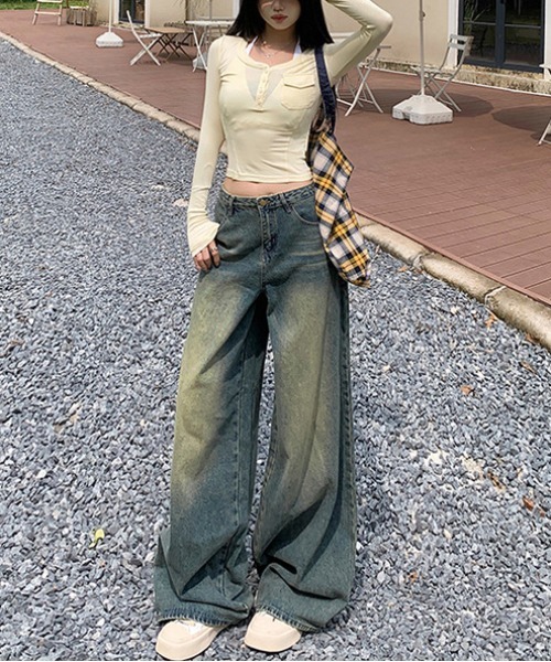 WEGO（ウィゴー）の「WEGO/ヴィンテージ風ワイドストレートデニムパンツ/ウォッシュデニム（デニムパンツ・レディース・ブルー系その他/ブラック・MEDIUM/LARGE）」の13枚目の写真