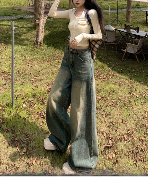 WEGO/ヴィンテージ風ワイドストレートデニムパンツ