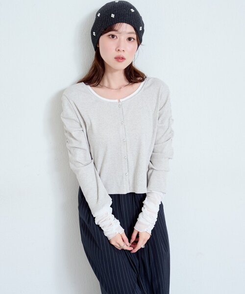 Kastane（カスタネ）の「【新色追加/4色展開】袖チュールテレコカーディガン（カーディガン/ボレロ・レディース・ネイビー/アイボリー/グレー/ダークグレー/ホワイト系その他/ピンク・FREE）」の8枚目の写真