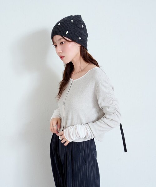 Kastane（カスタネ）の「【新色追加/4色展開】袖チュールテレコカーディガン（カーディガン/ボレロ・レディース・ネイビー/アイボリー/グレー/ダークグレー/ホワイト系その他/ピンク・FREE）」の9枚目の写真