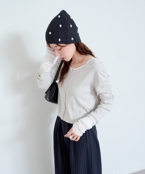 Kastane（カスタネ）の「【新色追加/4色展開】袖チュールテレコカーディガン（カーディガン/ボレロ・レディース・ネイビー/アイボリー/グレー/ダークグレー/ホワイト系その他/ピンク・FREE）」の10枚目の写真