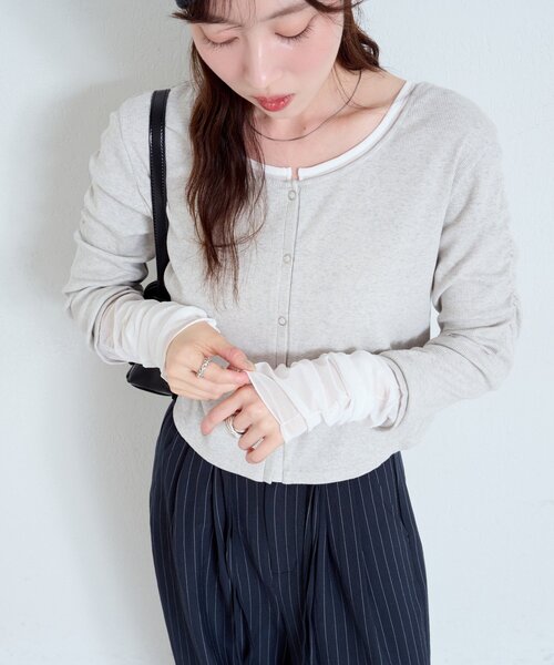 Kastane（カスタネ）の「【新色追加/4色展開】袖チュールテレコカーディガン（カーディガン/ボレロ・レディース・ネイビー/アイボリー/グレー/ダークグレー/ホワイト系その他/ピンク・FREE）」の19枚目の写真