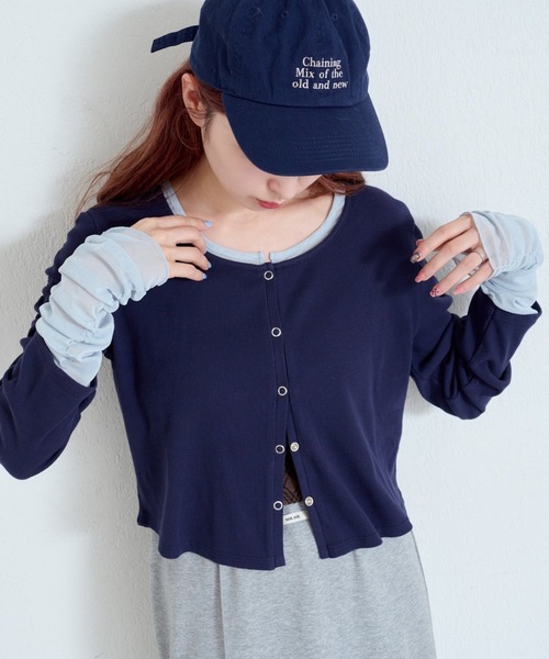 Kastane（カスタネ）の「【新色追加/4色展開】袖チュールテレコカーディガン（カーディガン/ボレロ・レディース・ネイビー/アイボリー/グレー/ダークグレー/ホワイト系その他/ピンク・FREE）」の5枚目の写真