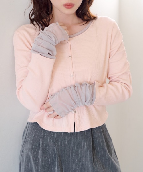 Kastane（カスタネ）の「【新色追加/4色展開】袖チュールテレコカーディガン（カーディガン/ボレロ・レディース・ネイビー/アイボリー/グレー/ダークグレー/ホワイト系その他/ピンク・FREE）」の6枚目の写真