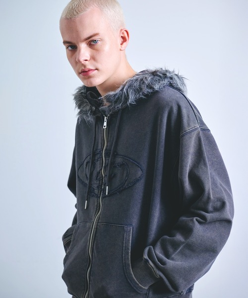 ヴィンテージライク フードファー ジップパーカー / オーバル