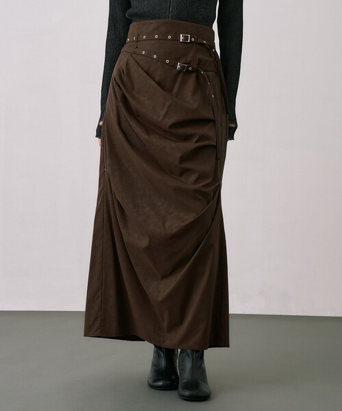 残りわずか！】ヴィーガンレザーツイストスカート｜ストレッチ/細見え