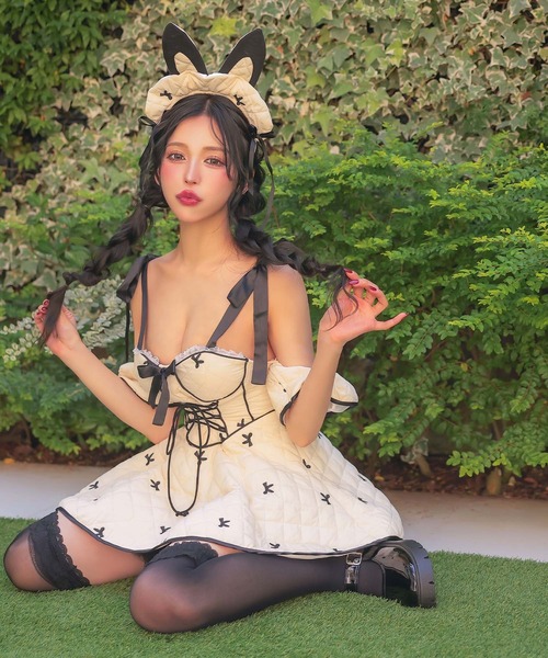 コスプレ セクシー バニー キルティング パイピング リボン フレアスカート オフショル ワンピース 3点セット イースター