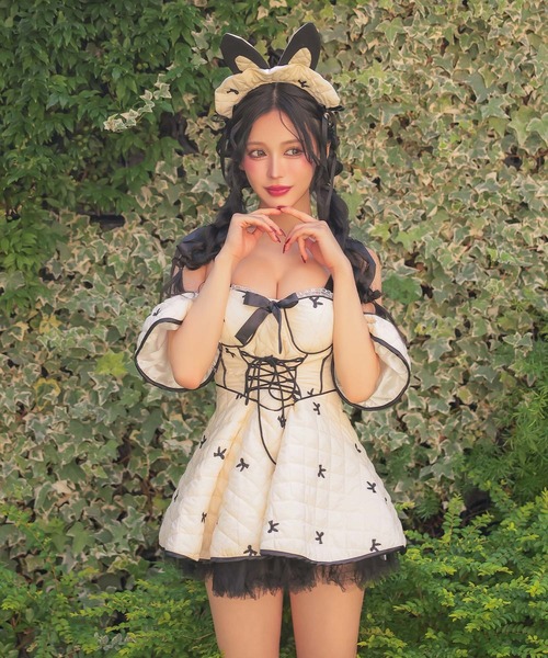 コスプレ セクシー バニー キルティング パイピング リボン フレアスカート オフショル ワンピース 3点セット イースター