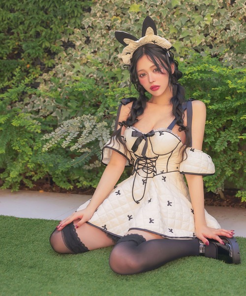 コスプレ セクシー バニー キルティング パイピング リボン フレアスカート オフショル ワンピース 3点セット イースター