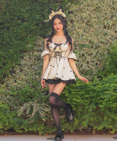 コスプレ セクシー バニー キルティング パイピング リボン フレアスカート オフショル ワンピース 3点セット イースター