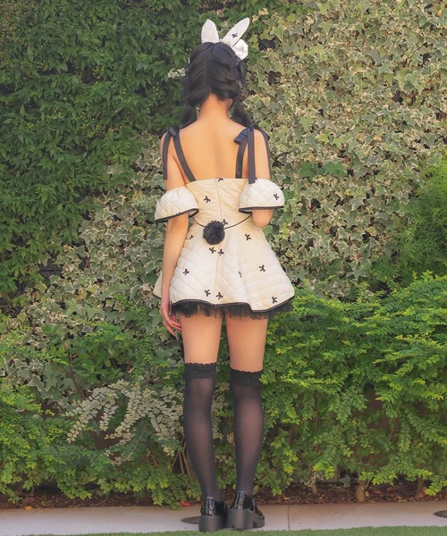 コスプレ セクシー バニー キルティング パイピング リボン フレアスカート オフショル ワンピース 3点セット イースター