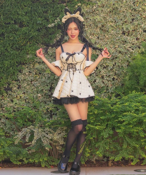 コスプレ セクシー バニー キルティング パイピング リボン フレアスカート オフショル ワンピース 3点セット イースター
