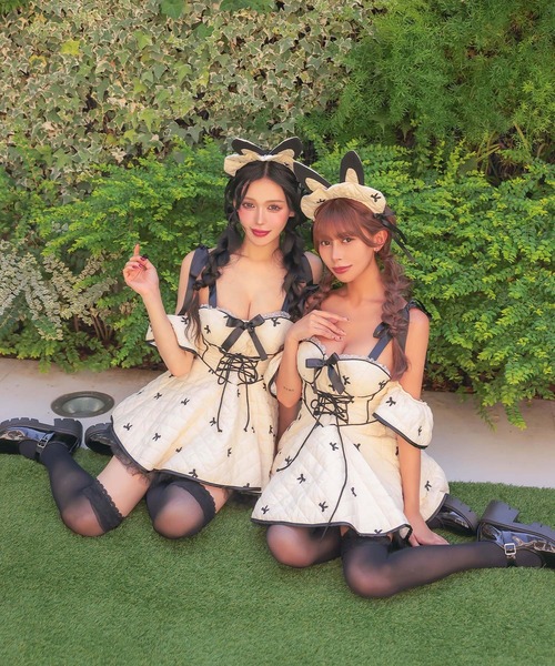 コスプレ セクシー バニー キルティング パイピング リボン フレアスカート オフショル ワンピース 3点セット イースター