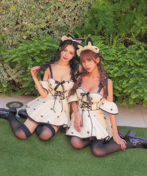 コスプレ セクシー バニー キルティング パイピング リボン フレアスカート オフショル ワンピース 3点セット イースター