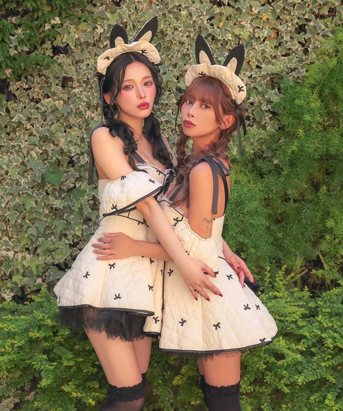 コスプレ セクシー バニー キルティング パイピング リボン フレアスカート オフショル ワンピース 3点セット イースター